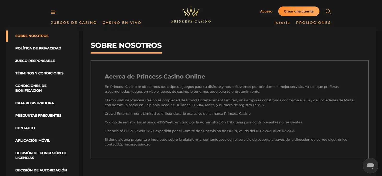 Página oficial de Princess Casino con la identidad del operador y la referencia a la licencia rumana
