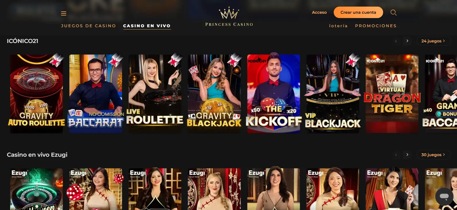 Lobby oficial de casino en vivo de Princess Casino con categorías de ruleta, blackjack y baccarat
