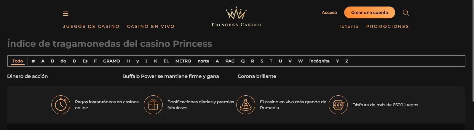 Índice oficial de juegos de Princess Casino con su catálogo y navegación por títulos
