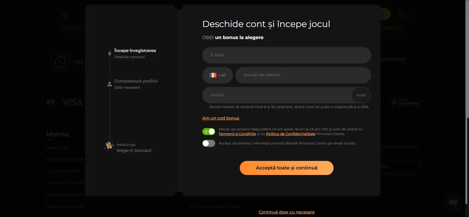 Página oficial de registro de Princess Casino con acceso a creación de cuenta y soporte