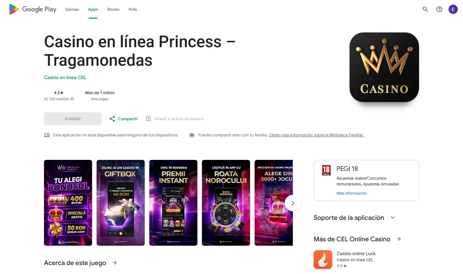 Ficha oficial de Princess Casino en Google Play con desarrollador y contexto regional visibles