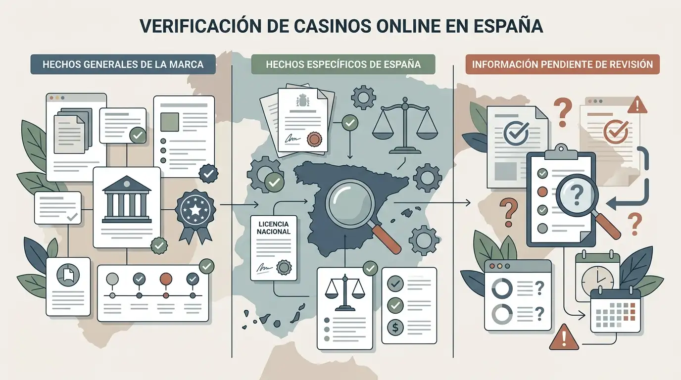 Ilustración editorial que separa datos verificados de Princess Casino, datos verificados para España y puntos que requieren una nueva comprobación