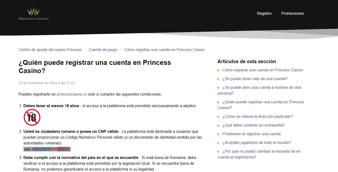 Guía oficial de Princess Casino que explica quién puede registrar una cuenta en el producto rumano