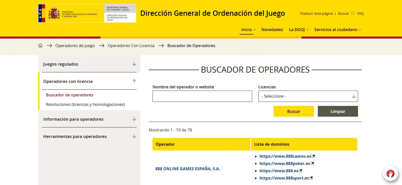Buscador oficial de operadores con licencia de la DGOJ para comprobar Princess Casino y su sociedad operadora