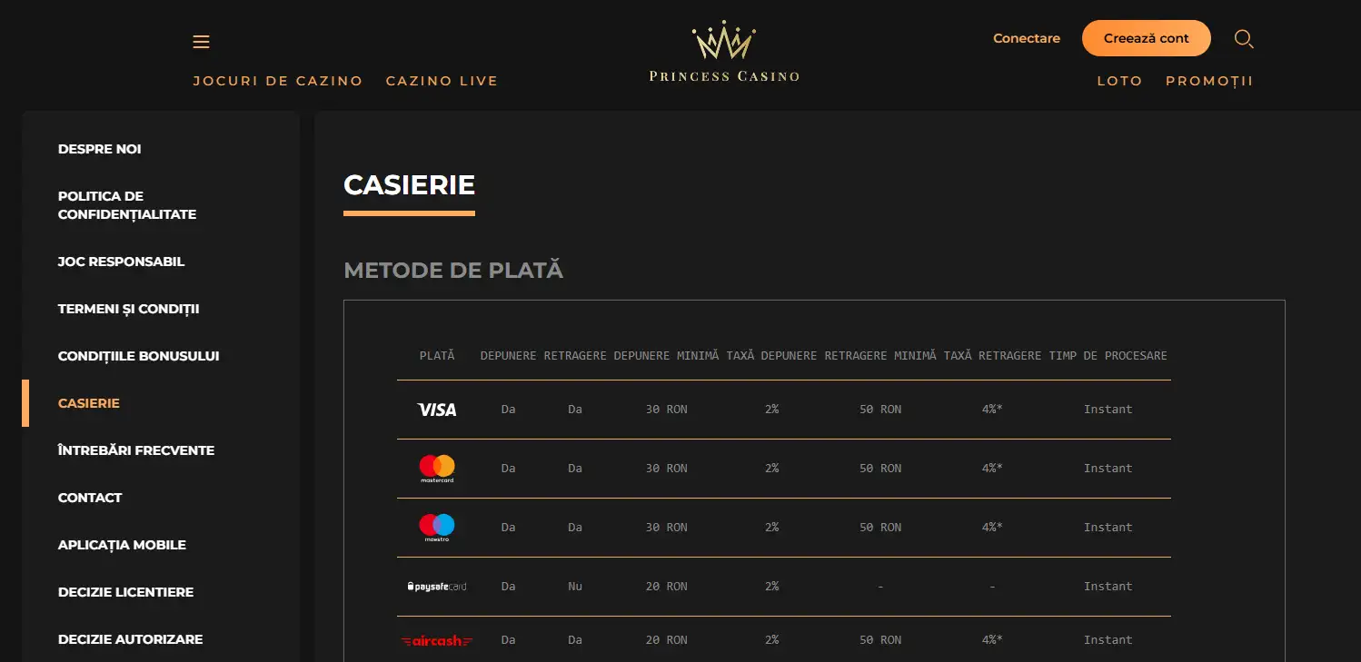 Caja oficial de Princess Casino con métodos de pago del producto rumano