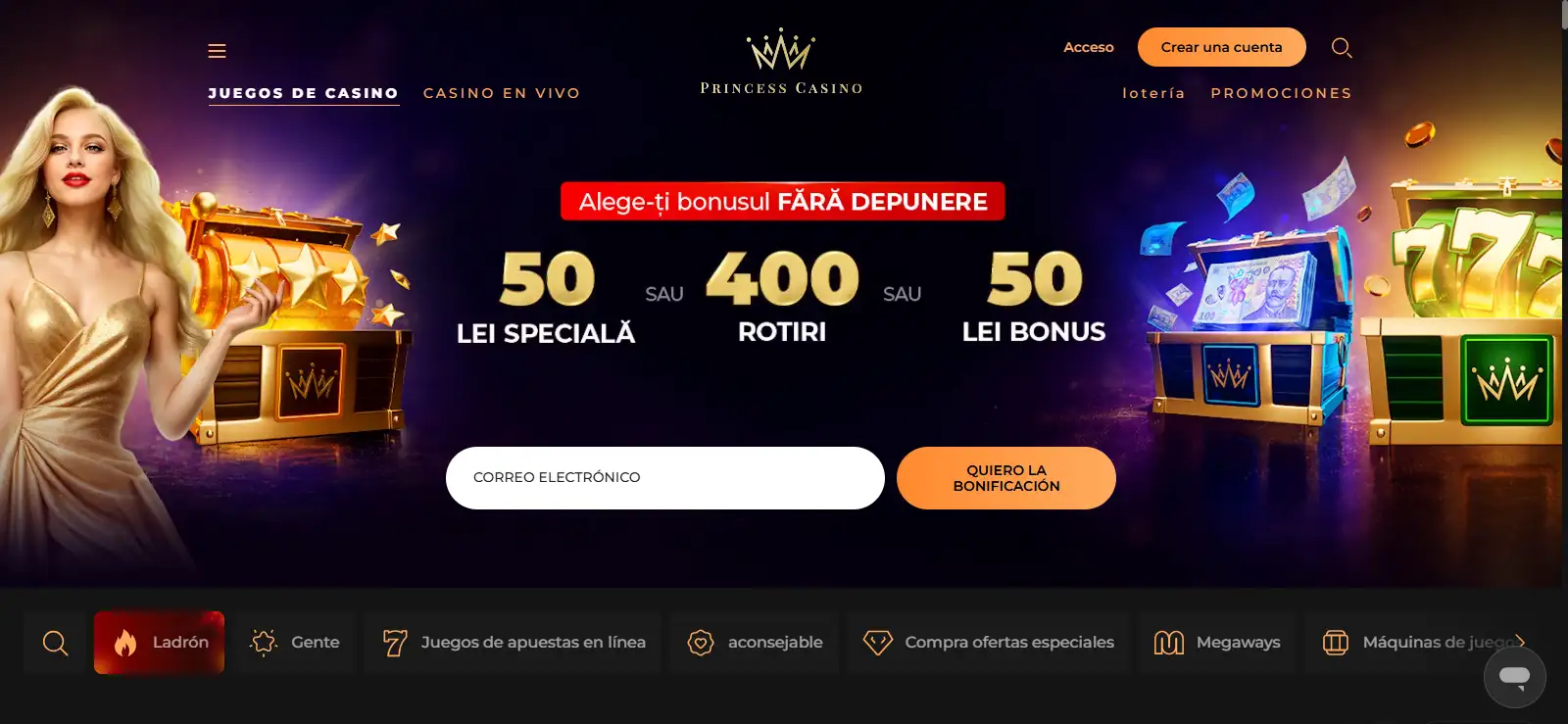 Página oficial de Princess Casino con su identidad visual y contexto rumano